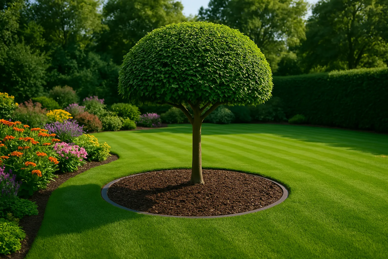 Rasenkante mit Blumenbeet und grünem Rasen in Hamburg